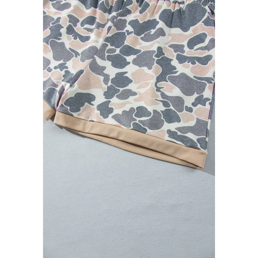Multicolour Camouflage Print Round Neck Drop Shoulder Pullover Plus Size Shorts Set Size/Plus Loungewear