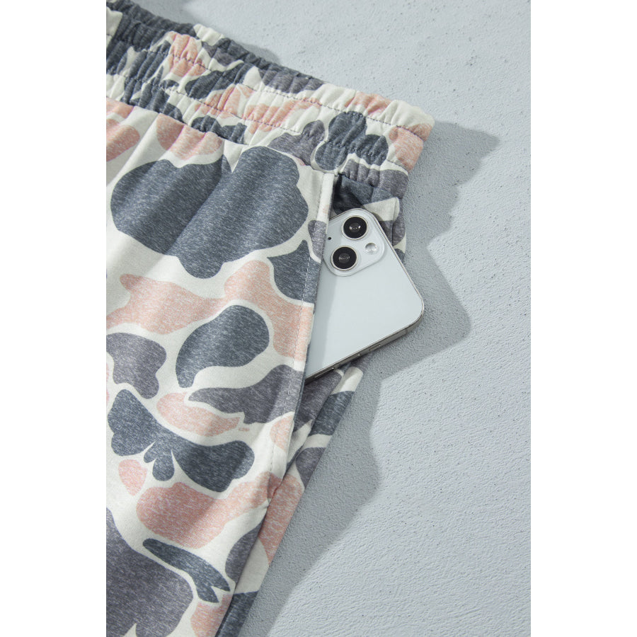 Multicolour Camouflage Print Round Neck Drop Shoulder Pullover Plus Size Shorts Set Size/Plus Loungewear