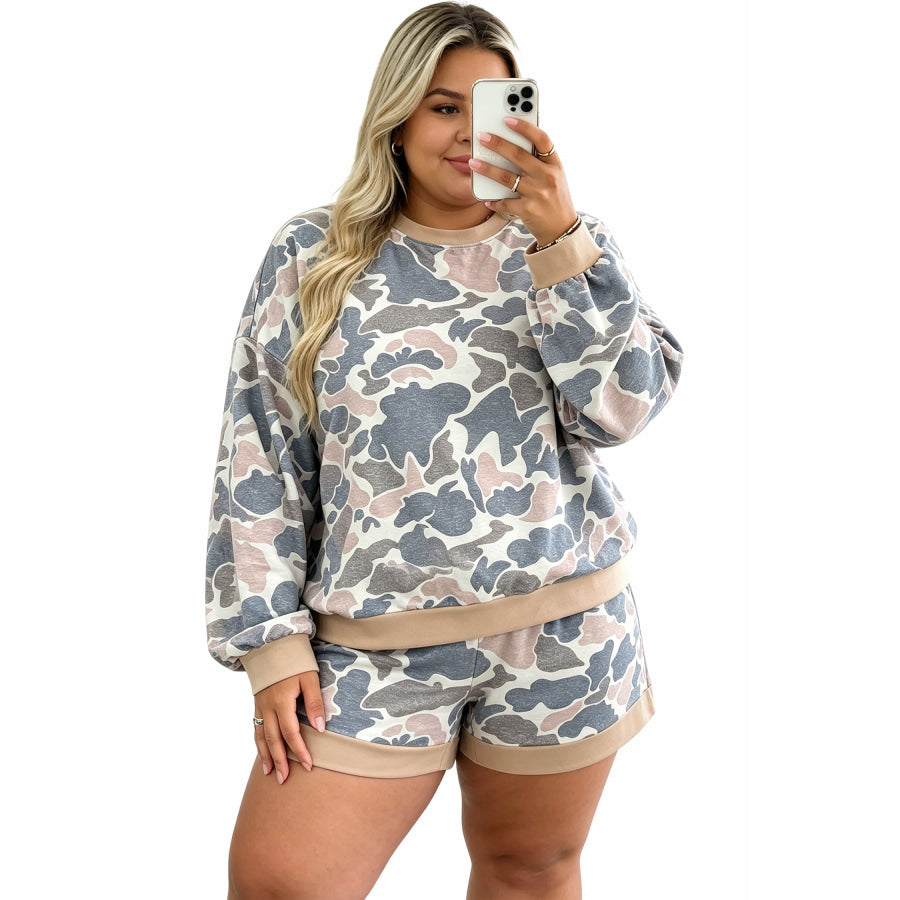 Multicolour Camouflage Print Round Neck Drop Shoulder Pullover Plus Size Shorts Set Plus Size/Plus Size Loungewear