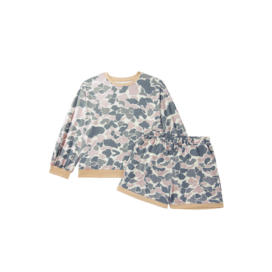 Multicolour Camouflage Print Round Neck Drop Shoulder Pullover Plus Size Shorts Set Size/Plus Loungewear