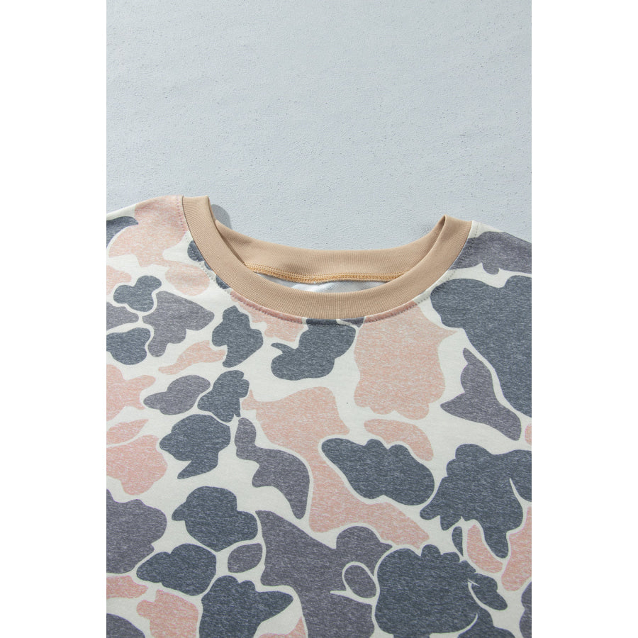 Multicolour Camouflage Print Round Neck Drop Shoulder Pullover Plus Size Shorts Set Size/Plus Loungewear
