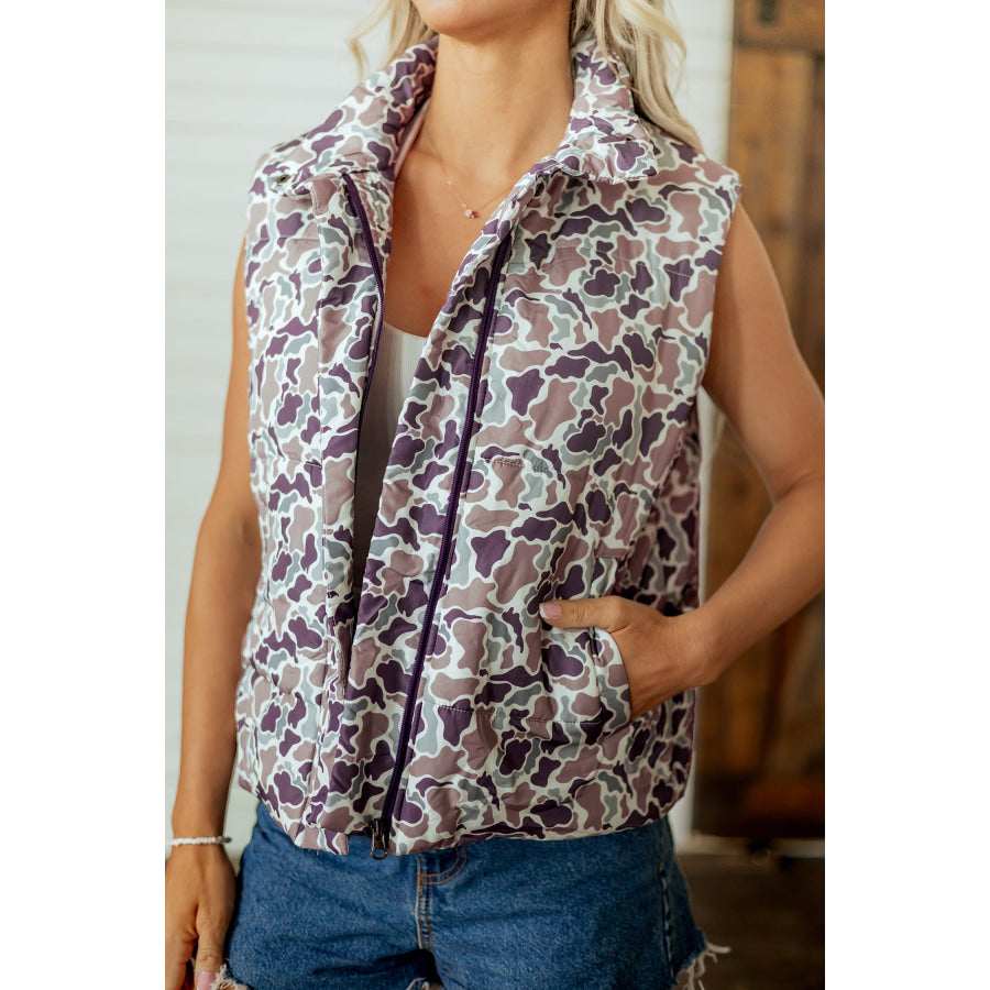 Multicolour Camouflage Puffer Zip-up Stand Neck Sleeveless Vest Outerwear/Vests