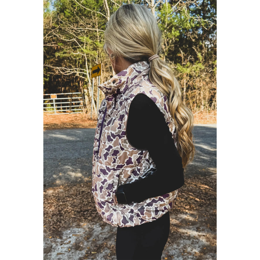 Multicolour Camouflage Puffer Zip-up Stand Neck Sleeveless Vest Outerwear/Vests