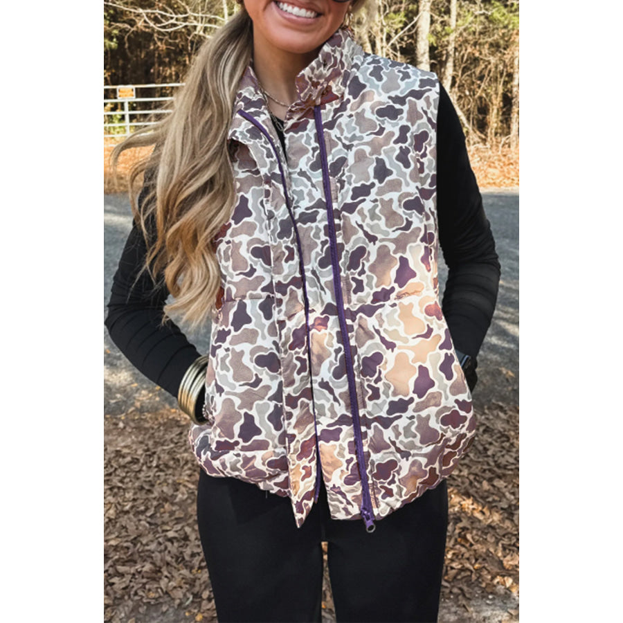 Multicolour Camouflage Puffer Zip-up Stand Neck Sleeveless Vest Outerwear/Vests