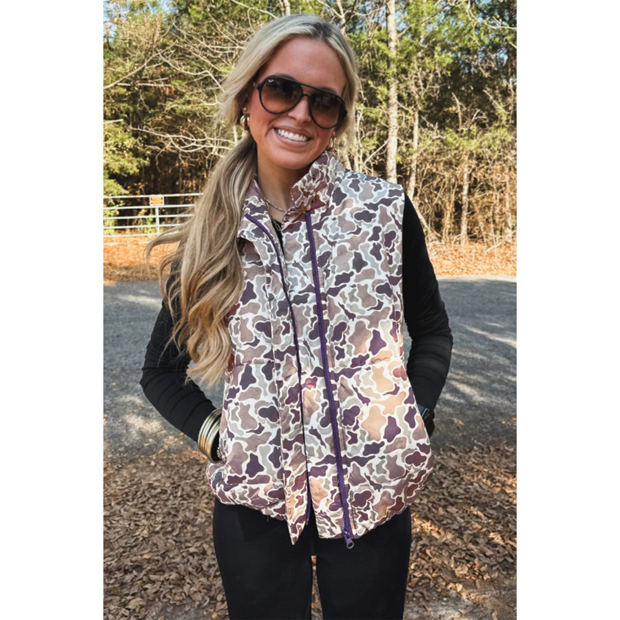 Multicolour Camouflage Puffer Zip-up Stand Neck Sleeveless Vest Outerwear/Vests