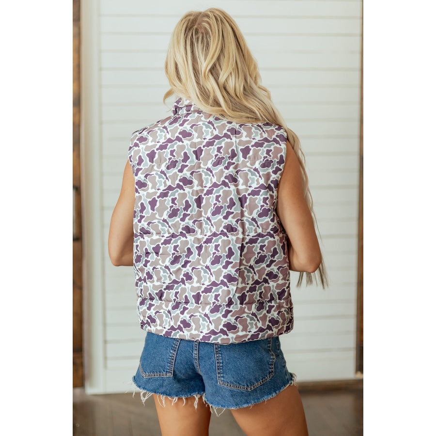 Multicolour Camouflage Puffer Zip-up Stand Neck Sleeveless Vest Outerwear/Vests