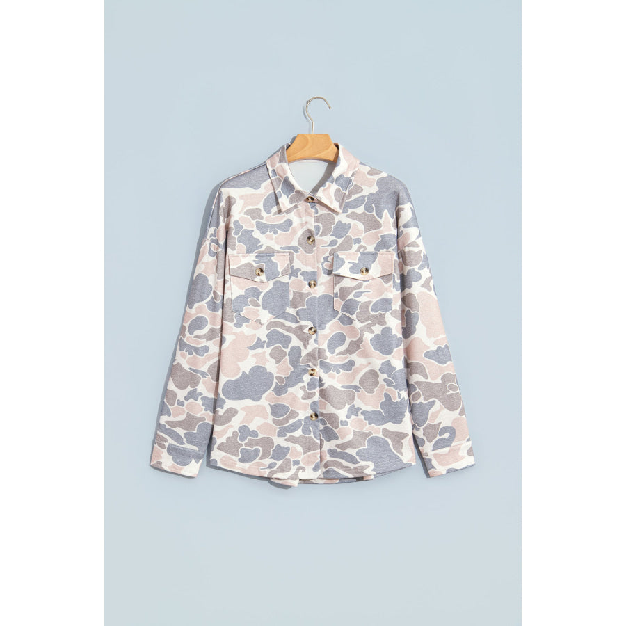 Multicolour Casual Camouflage Button Down Tunic Shacket Outerwear/Jackets