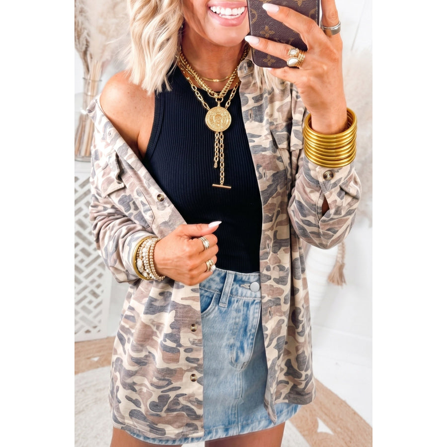 Multicolour Casual Camouflage Button Down Tunic Shacket / S / 95% Polyester + 5% Elastane Outerwear/Jackets