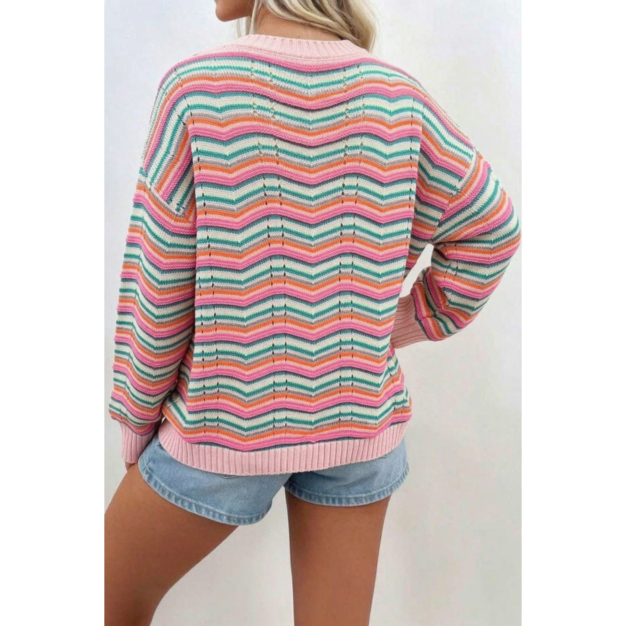Multicolour Casual Chevron Striped Drop Shoulder Sweater Sweaters & Cardigans/Sweaters