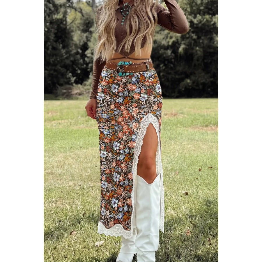 Multicolour Cheetah Print Trim Split Long Western Skirt Apparel and Accessories