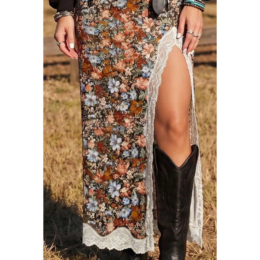 Multicolour Cheetah Print Trim Split Long Western Skirt Apparel and Accessories