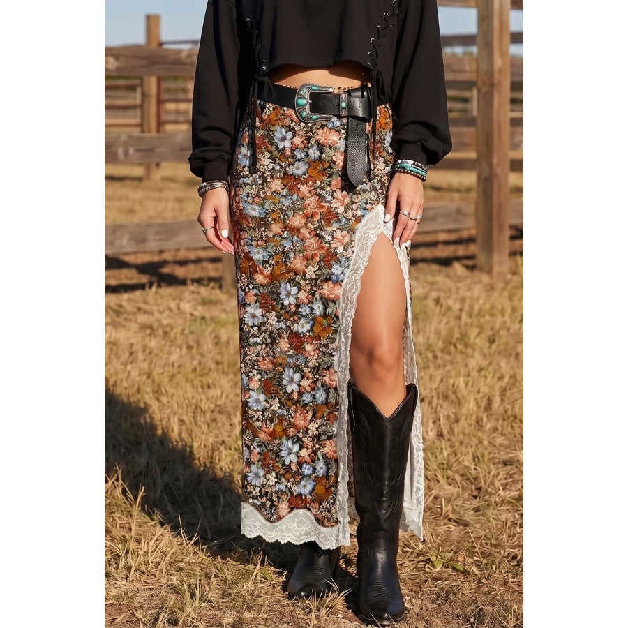 Multicolour Cheetah Print Trim Split Long Western Skirt Floral / S Apparel and Accessories