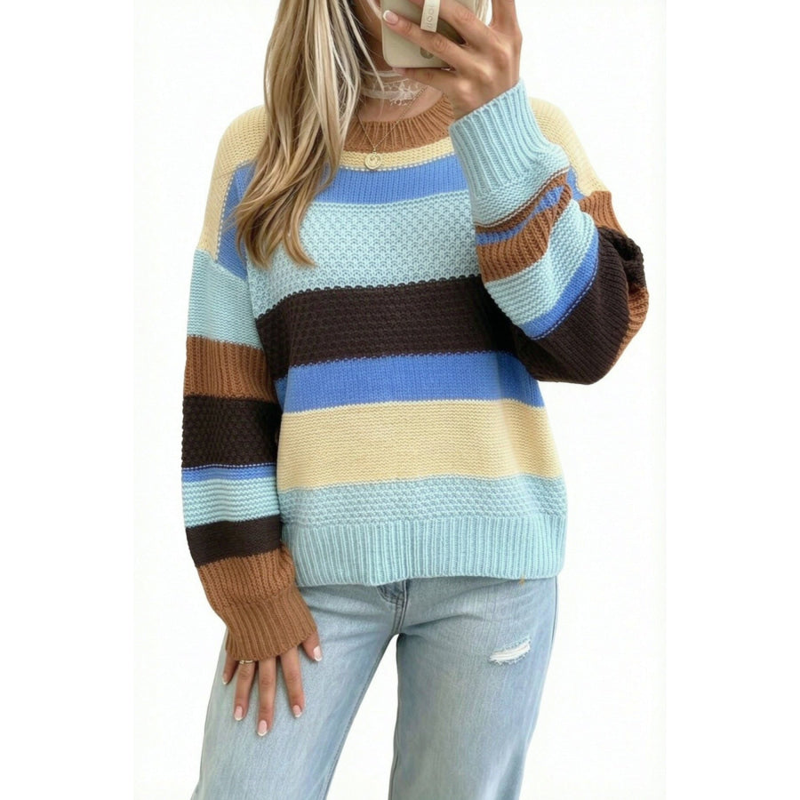 Multicolour Color Block Striped Round Neck Relaxed Sweater Sweaters & Cardigans/Sweaters