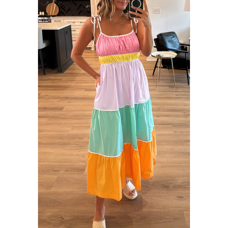 Multicolour Colorblock Self-tie Straps High Waist Flowy Maxi Dress with Pockets Multicolour / S / 100% Cotton Dresses/Maxi Dresses