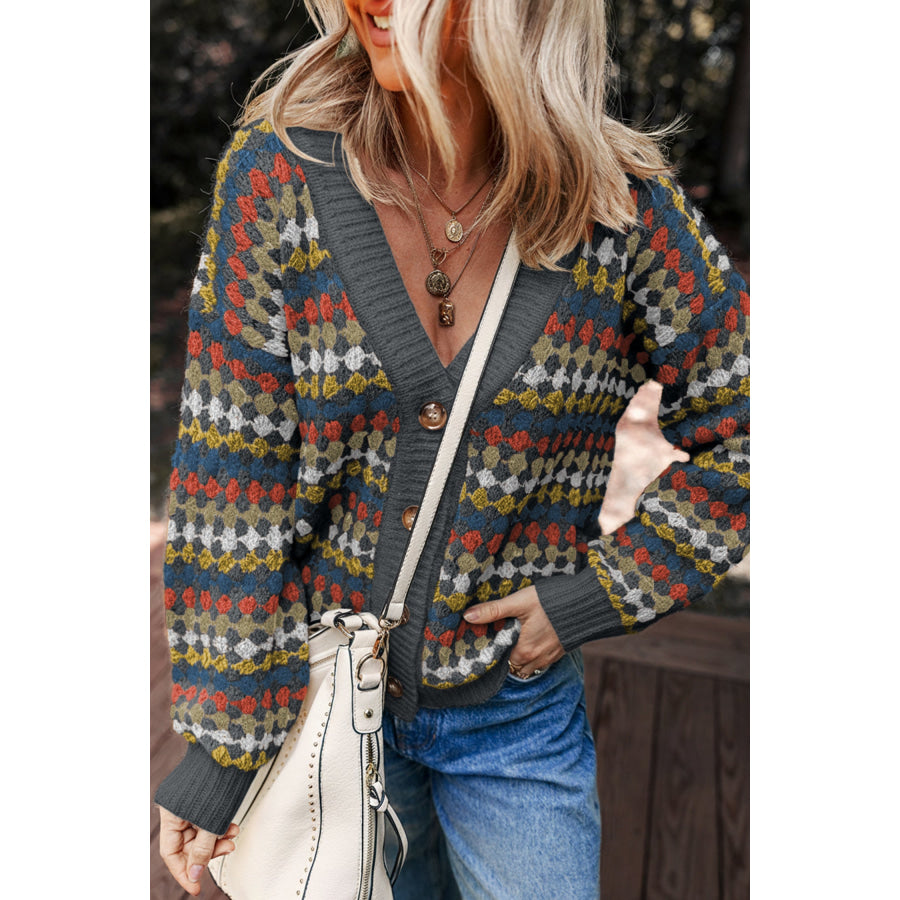 Multicolour Dotty Pattern Knit Button Front V Neck Sweater Cardigan Gray / S / 77.3% Polyester + 16.3% Polyamide + 5% Wool + 1.4% Elastane