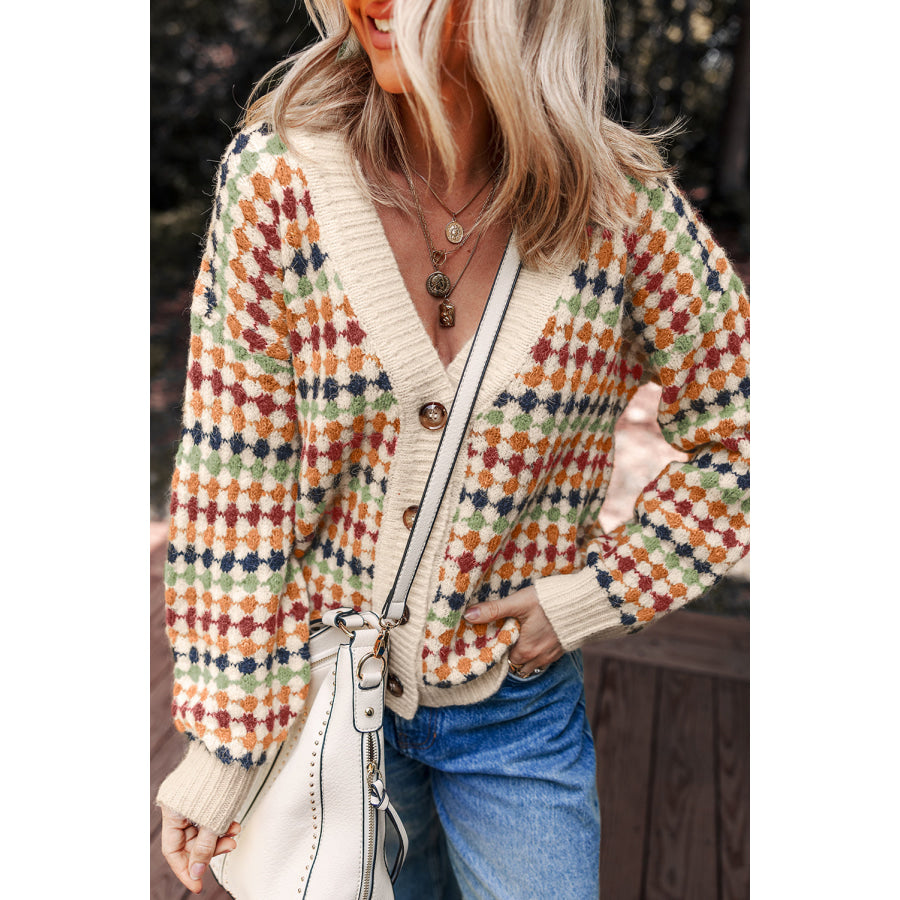 Multicolour Dotty Pattern Knit Button Front V Neck Sweater Cardigan Multicolour / S / 77.3% Polyester + 16.3% Polyamide + 5% Wool + 1.4%