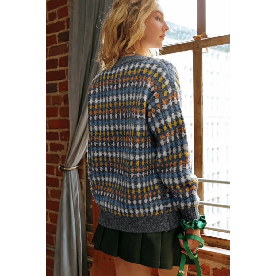 Multicolour Dotty Pattern Knit Button Front V Neck Sweater Cardigan Sweaters & Cardigans/Cardigans