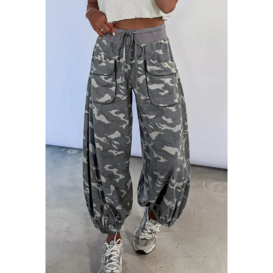 Multicolour Drawstring Contrast Waistband Camouflage Cargo Barrel Pants Apparel and Accessories