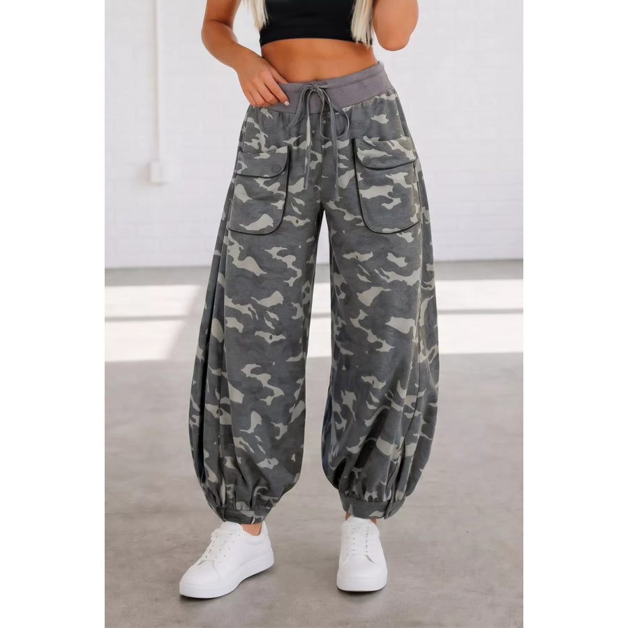 Multicolour Drawstring Contrast Waistband Camouflage Cargo Barrel Pants Apparel and Accessories