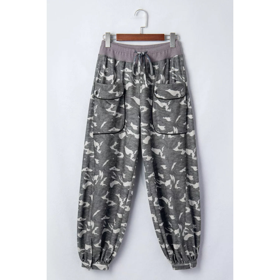 Multicolour Drawstring Contrast Waistband Camouflage Cargo Barrel Pants Apparel and Accessories