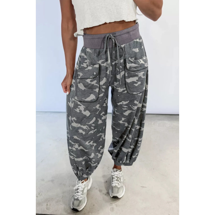 Multicolour Drawstring Contrast Waistband Camouflage Cargo Barrel Pants Gray / S Apparel and Accessories