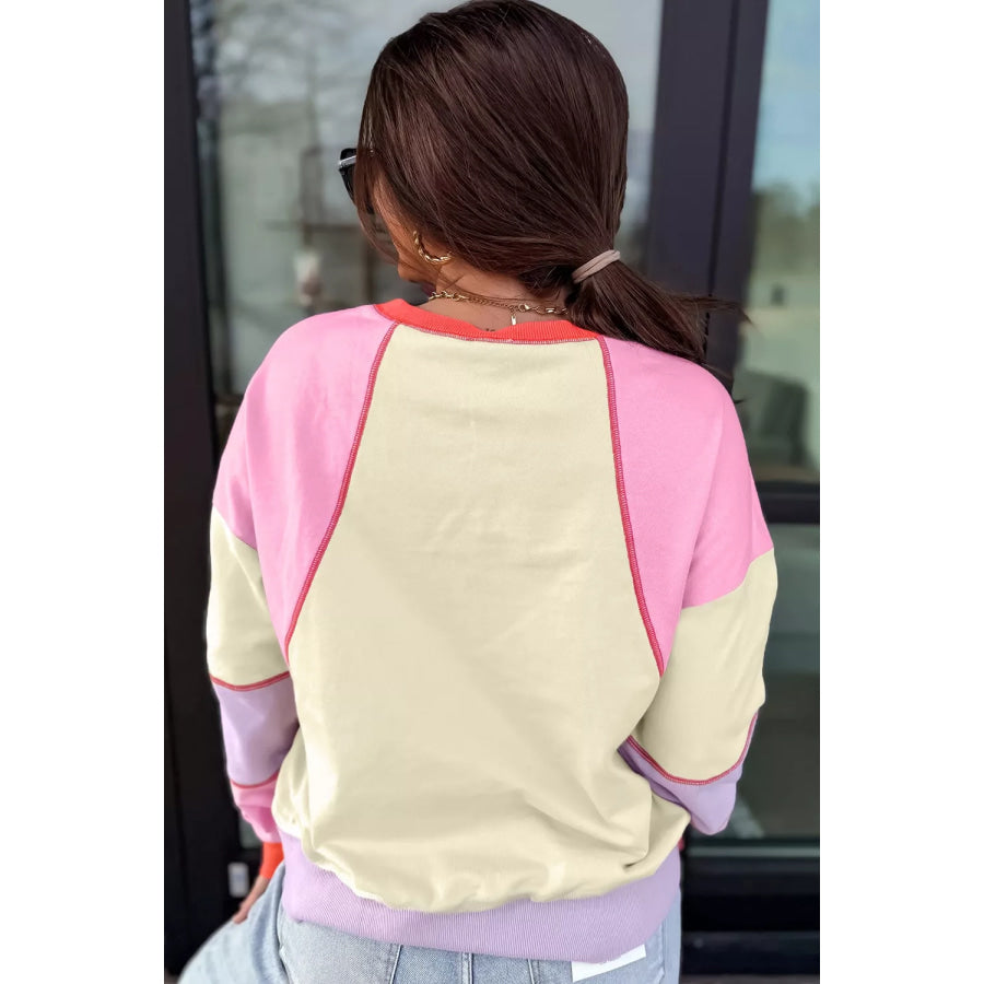 Multicolour Exposed Seam Colorblock Patchwork Long Sleeve Top Apparel and Accessories