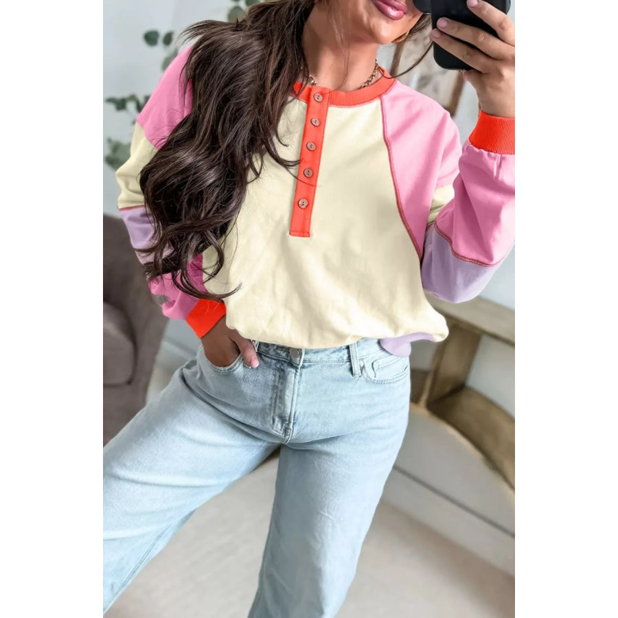 Multicolour Exposed Seam Colorblock Patchwork Long Sleeve Top Apparel and Accessories