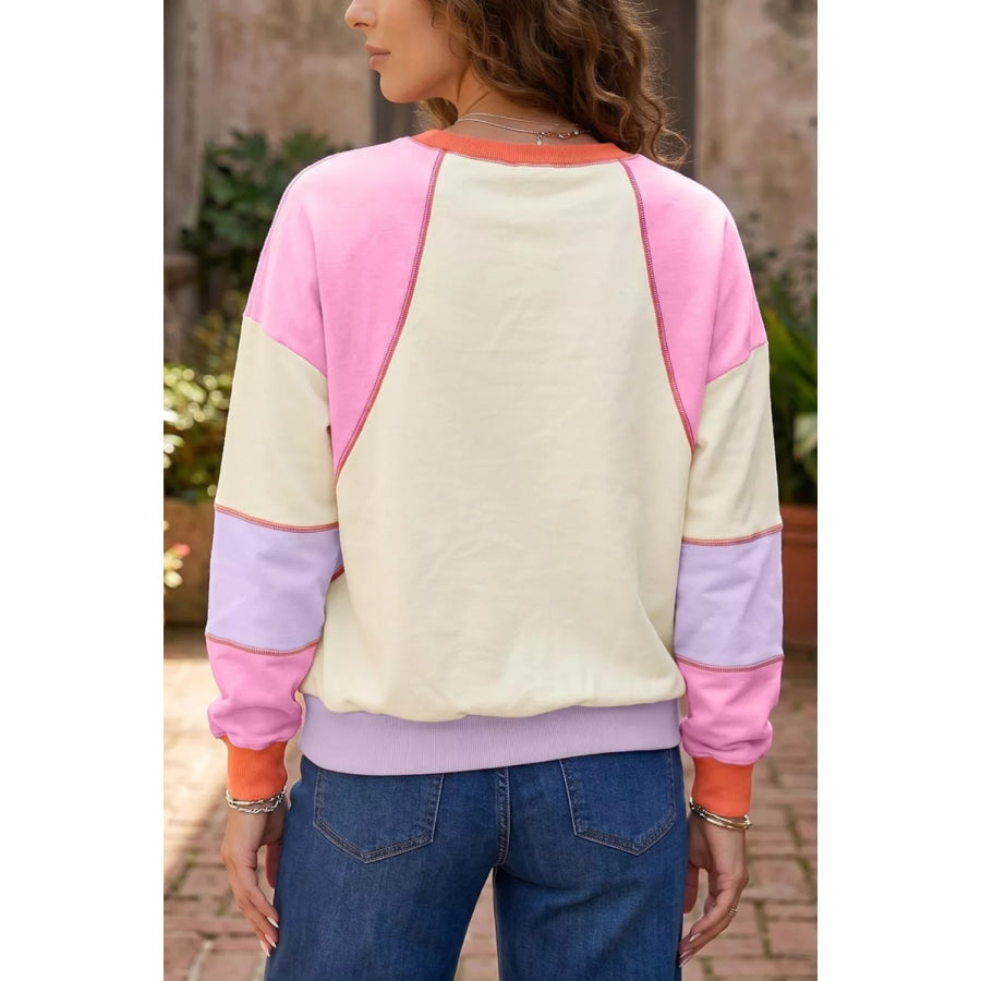 Multicolour Exposed Seam Colorblock Patchwork Long Sleeve Top Apparel and Accessories