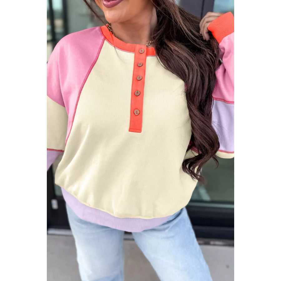 Multicolour Exposed Seam Colorblock Patchwork Long Sleeve Top Apparel and Accessories