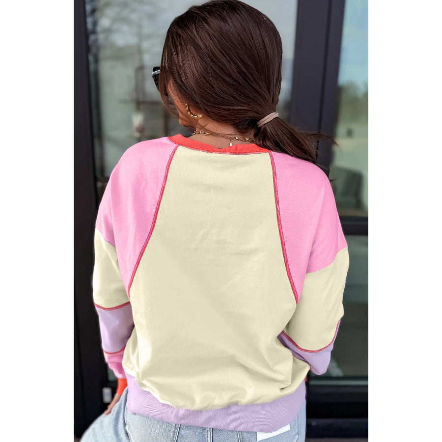 Multicolour Exposed Seam Colorblock Patchwork Pullover Long Sleeve Top Tops/Long Sleeve Tops
