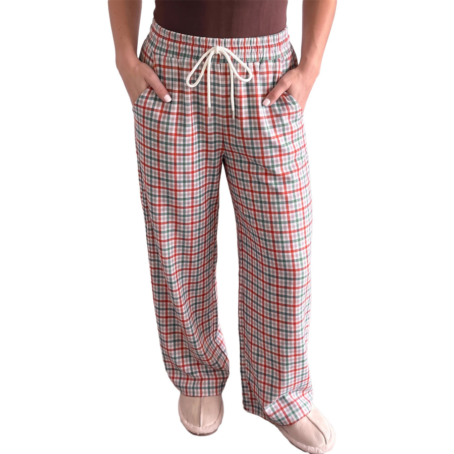 Multicolour Festive Plaid Drawstring Elastic Waist Pants Bottoms/Pants & Culotte