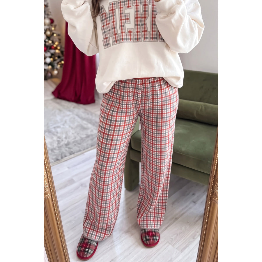 Multicolour Festive Plaid Drawstring Elastic Waist Pants Bottoms/Pants & Culotte