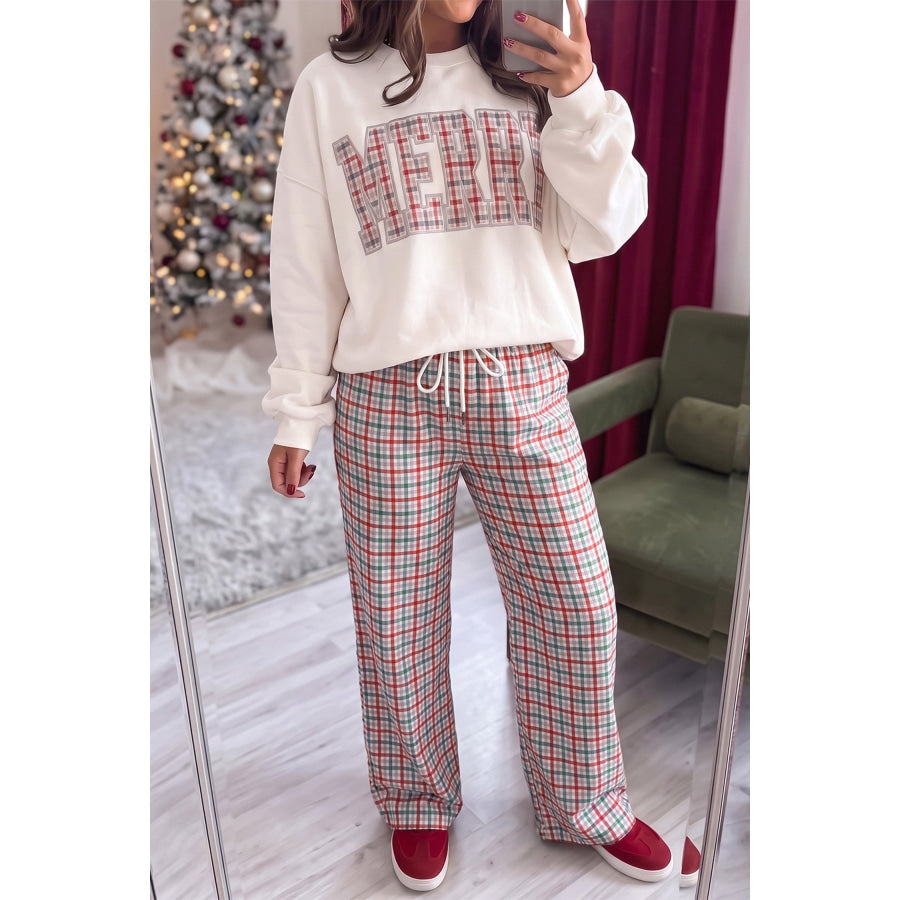 Multicolour Festive Plaid Drawstring Elastic Waist Pants Bottoms/Pants & Culotte