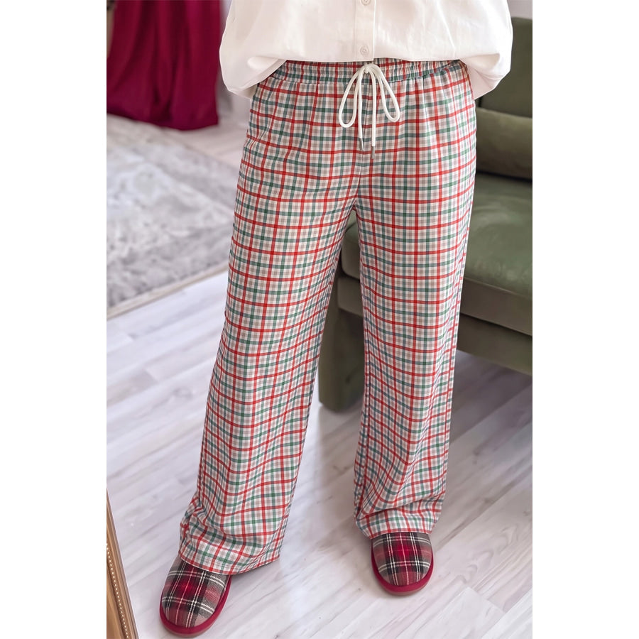 Multicolour Festive Plaid Drawstring Elastic Waist Pants Bottoms/Pants & Culotte