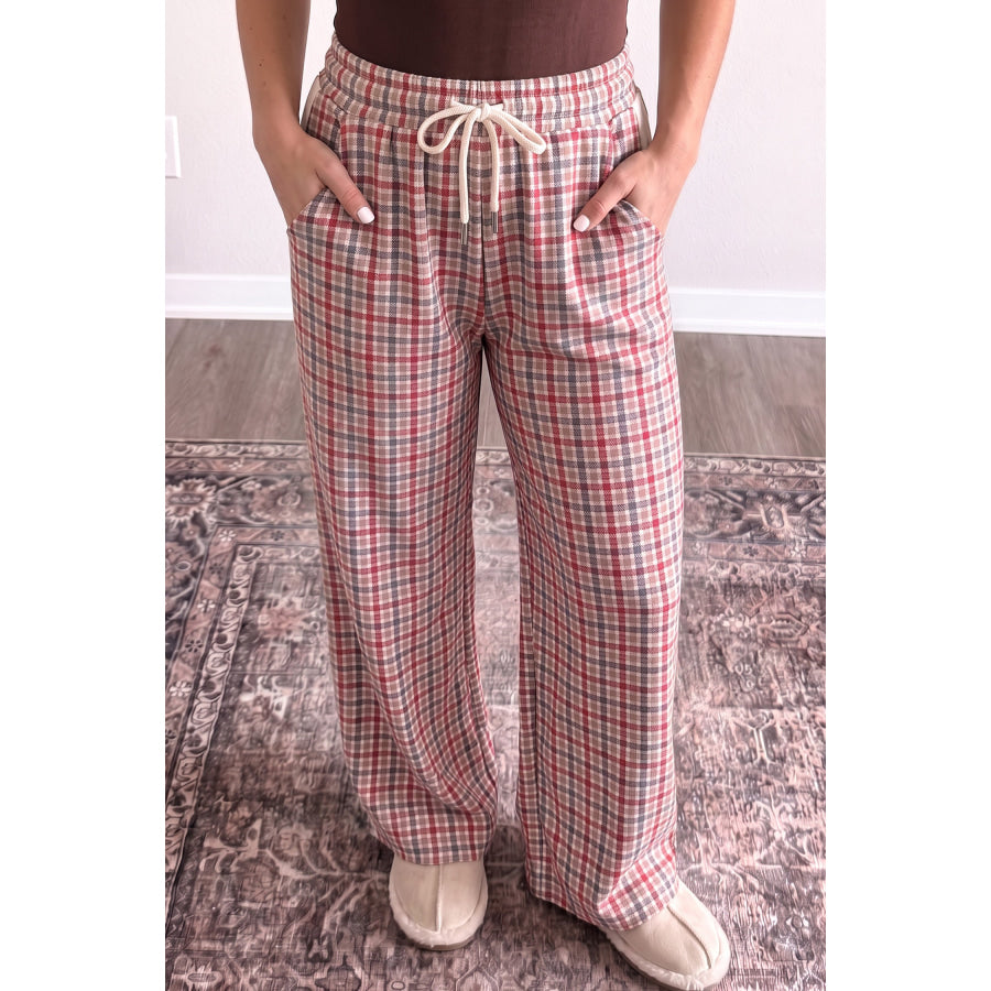 Multicolour Festive Plaid Drawstring Elastic Waist Pants / S / 100% Polyester Bottoms/Pants & Culotte