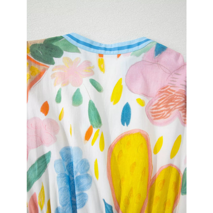 Multicolour Floral Doodle Print Striped Trim V Neck Midi Dress Apparel and Accessories