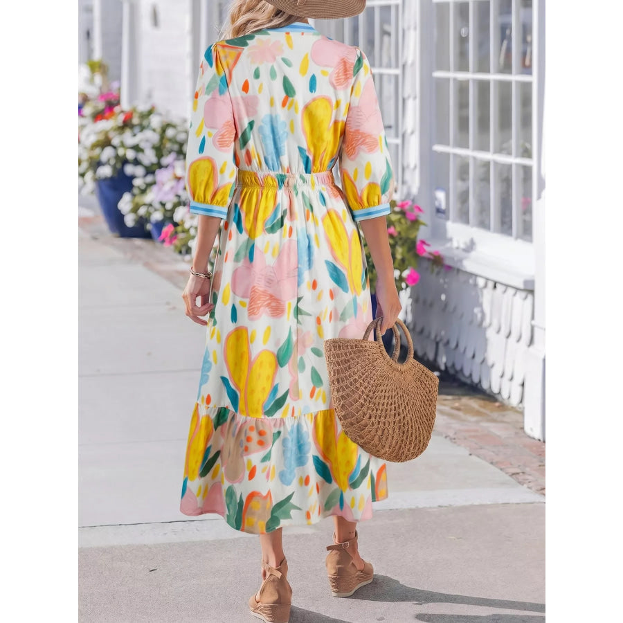 Multicolour Floral Doodle Print Striped Trim V Neck Midi Dress Apparel and Accessories