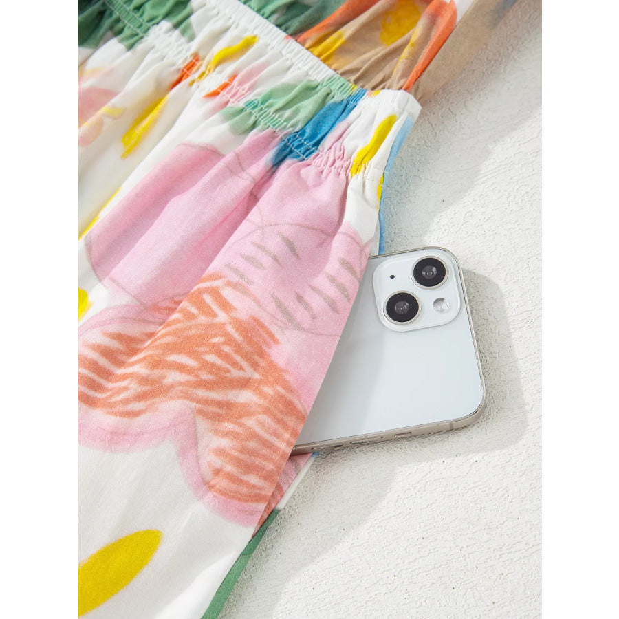 Multicolour Floral Doodle Print Striped Trim V Neck Midi Dress Apparel and Accessories