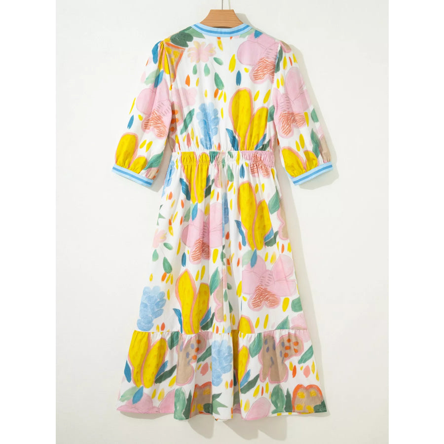 Multicolour Floral Doodle Print Striped Trim V Neck Midi Dress Apparel and Accessories