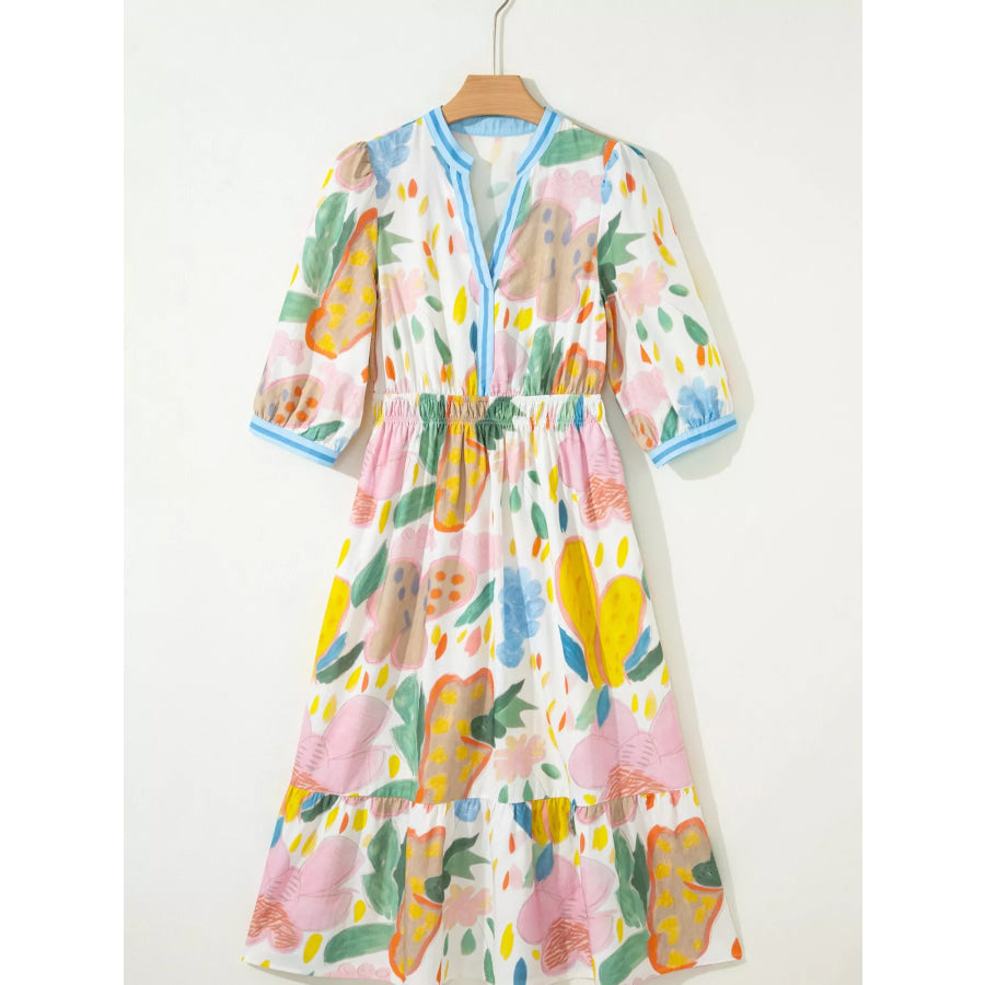 Multicolour Floral Doodle Print Striped Trim V Neck Midi Dress Apparel and Accessories