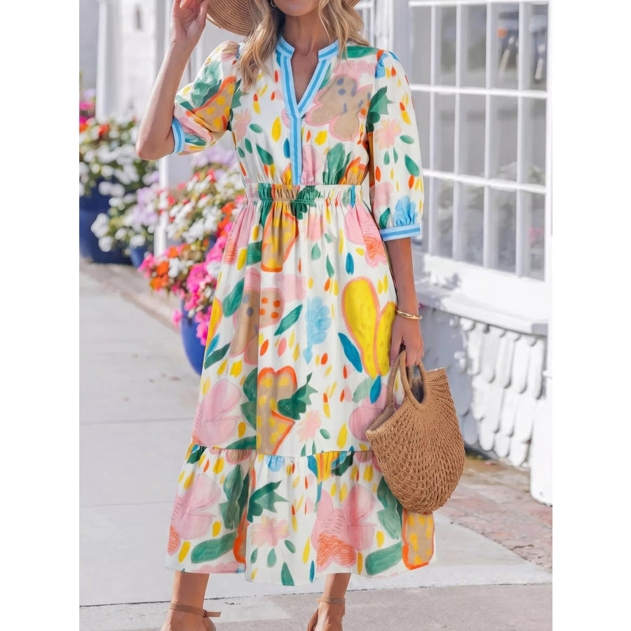 Multicolour Floral Doodle Print Striped Trim V Neck Midi Dress Apparel and Accessories