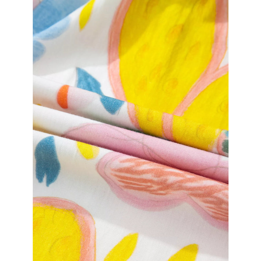 Multicolour Floral Doodle Print Striped Trim V Neck Midi Dress Apparel and Accessories