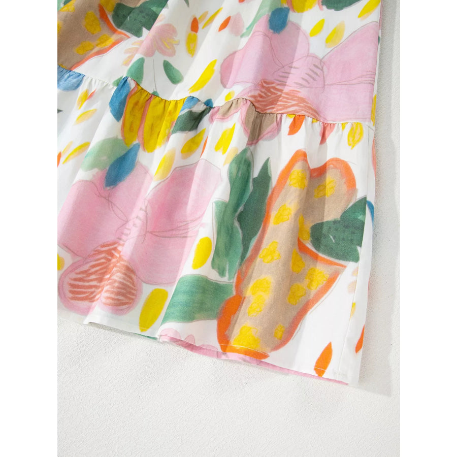 Multicolour Floral Doodle Print Striped Trim V Neck Midi Dress Apparel and Accessories
