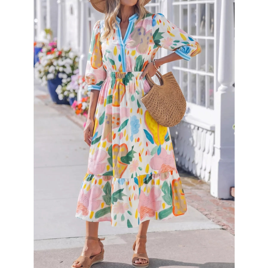 Multicolour Floral Doodle Print Striped Trim V Neck Midi Dress Floral / S Apparel and Accessories