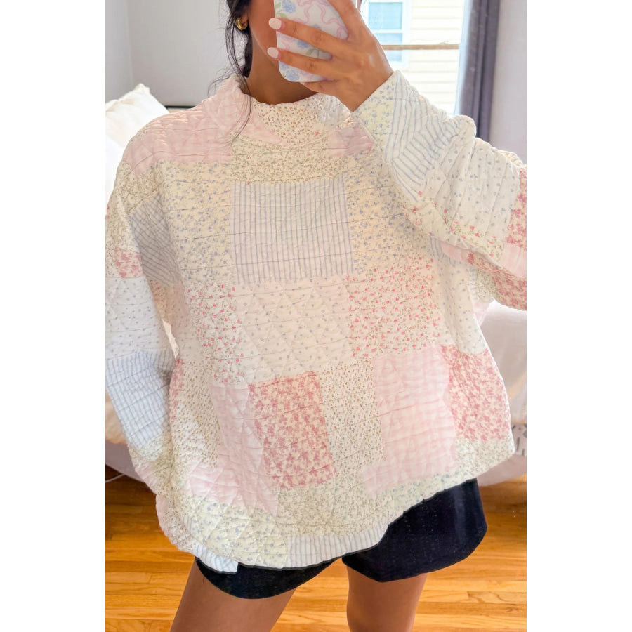 Multicolour Floral Patchwork Quilted Mock Neck Long Sleeve Top Tops/Long Sleeve Tops