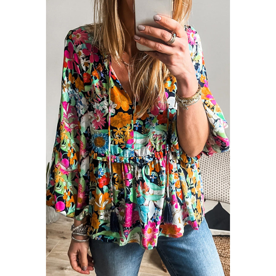 Multicolour Floral Print Bubble Sleeve V Neck Ruffled Blouse Multicolour / S / 100% Polyester Sale (50% OFF)/Sale (50% OFF)