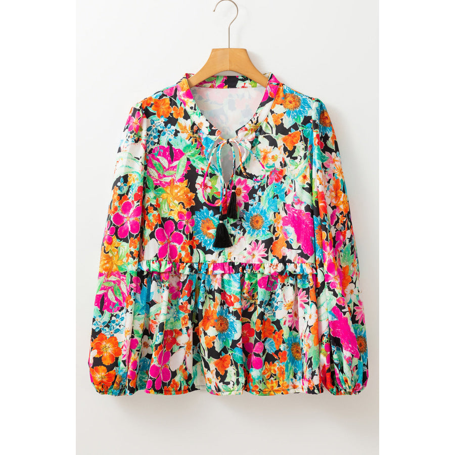 Multicolour Floral Print Bubble Sleeve V Neck Ruffled Blouse Sale (50% OFF)/Sale (50% OFF)