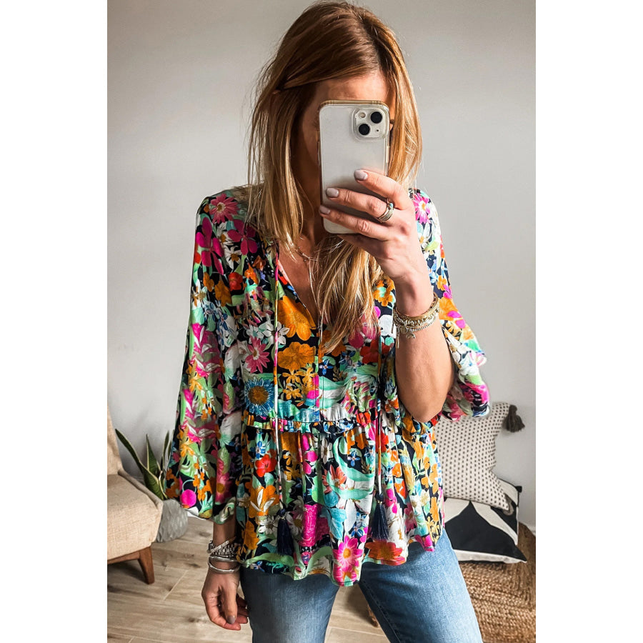 Multicolour Floral Print Bubble Sleeve V Neck Ruffled Blouse Sale (50% OFF)/Sale (50% OFF)