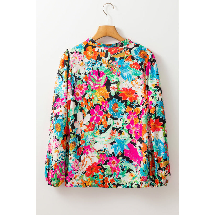 Multicolour Floral Print Bubble Sleeve V Neck Ruffled Blouse Sale (50% OFF)/Sale (50% OFF)