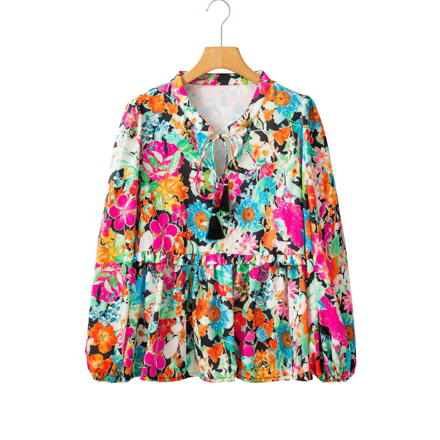 Multicolour Floral Print Bubble Sleeve V Neck Ruffled Blouse Sale (50% OFF)/Sale (50% OFF)